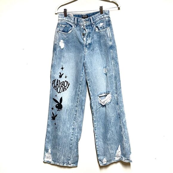 Playboy By PacSun Eco Super Distressed High Waisted Baggy Jeans Sz Size 26 - Picture 5 of 9